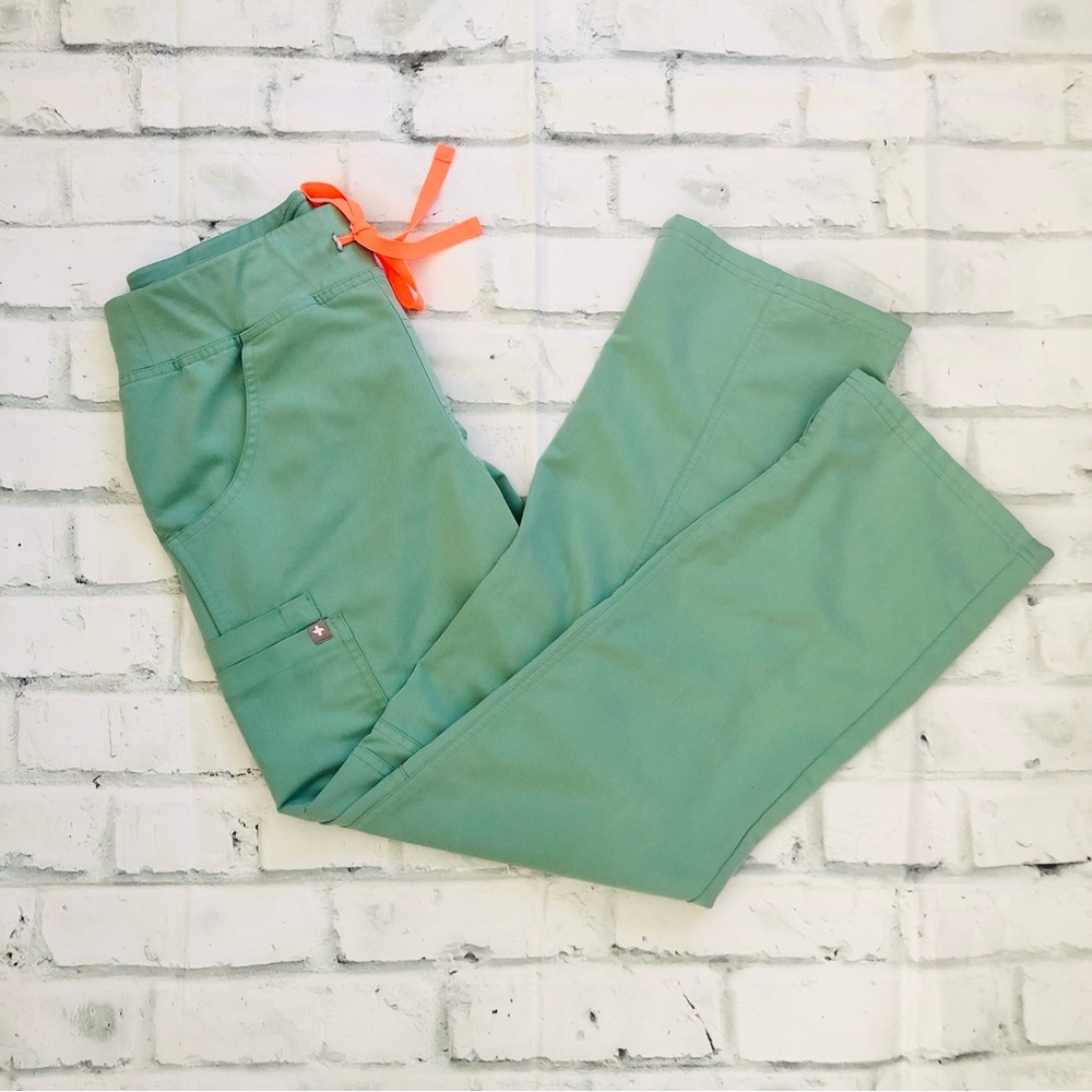 Figs Straight Leg Scrub Pants in Seafoam Green with Orange Drawstring
